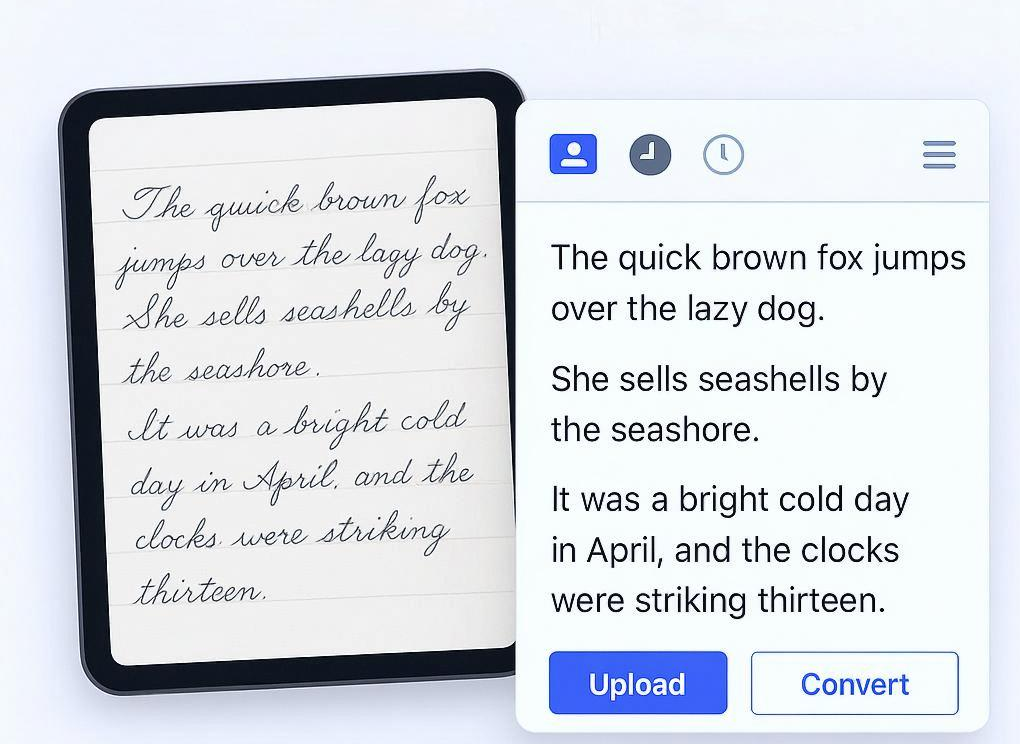 Cursive Reader interface showing 1936 handwritten letter converted to digital text with processing complete status